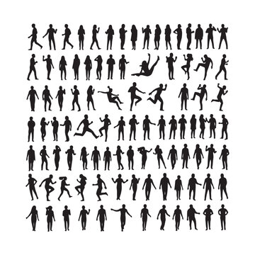 Black silhouette of diverse people walking in rows diverse figures crowd group