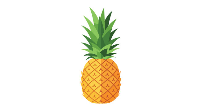 A vibrant whole pineapple with a lush green crown and a meticulously detailed golden-orange textured skin stands prominently against a clean white backdrop.
