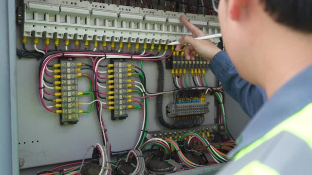Electrical panel circuit breaker electrician wiring control cabinet maintenance technician inspecting industrial power distribution safety repair