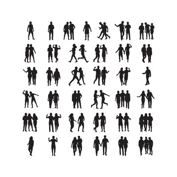 Black silhouette of people walking in various poses standing