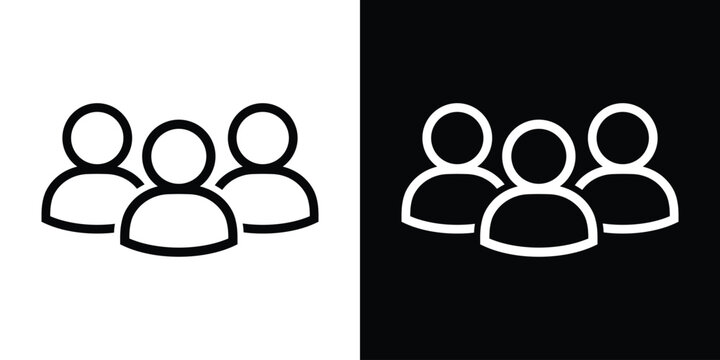 Professional vector icon representing a group of three people. Clean symbol for teamwork, community, social circle, and corporate staff. Available in black and white silhouette versions.