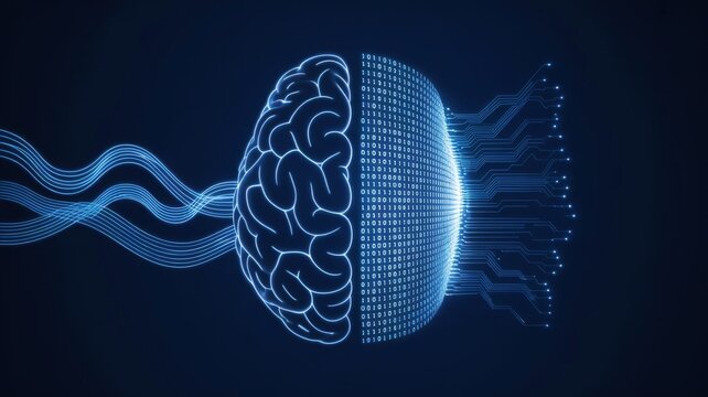 A digital representation of a brain merging with binary code, symbolizing the connection between human intelligence and technology.