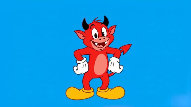 A cheerful 2D animated red devil character with horns and a tail performs a fun dance routine against a solid blue backdrop. This high-energy animation is perfect for Halloween-themed videos, children