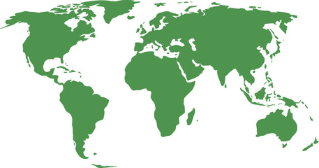 Obraz premium Green world map silhouette isolated on white background, flat global continents vector illustration, minimal earth geography design for infographic and education use