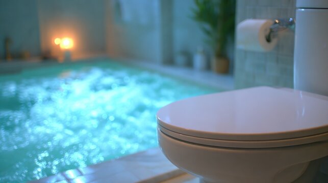 Modern bathroom interior design with white toilet and bubbling water feature ambiance