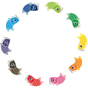 跳ねるかわいい鯉のぼりの円形フレームのイラスト（カラフル）