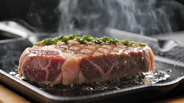 Juicy ribeye steak searing in a hot cast iron skillet