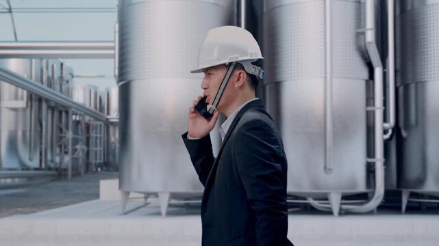 Side View of Asian Businessman Talking On Smartphone While Walking at Industrial Chemical Plant with Row of Stainless Steel Storage Silos