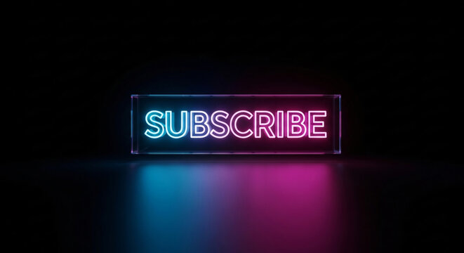 Vibrant blue and pink neon subscribe button sign illuminating a dark studio space, perfect for digital content creators, online marketing, and modern technology interfaces