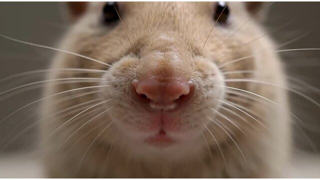 A close-up of a rat. A close-up of the rat's face, the animal is chewing something and looking straight ahead at the camera.