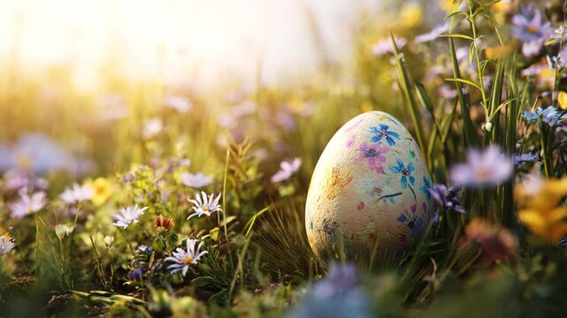 Hand-painted watercolor Easter egg placed among meadow grass and wildflowers moving gently in the wind. Soft spring scene reflecting Easter holiday, natural beauty