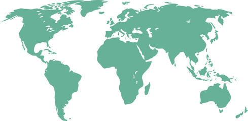 Obraz premium Teal world map silhouette isolated on white background, flat global continents vector illustration, minimal earth geography design for infographic and travel projects