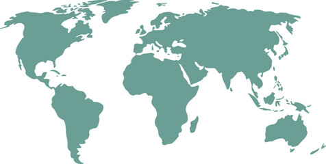 Obraz premium Soft green world map silhouette isolated on white background, flat global continents vector illustration, minimal earth geography design for infographic and education use
