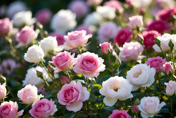 Fototapeta premium A dense patch of pink and white roses. Roses are blooming, creating a beautiful floral display. A garden or rose bed.