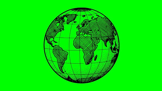 Hand drawn planet Earth animation in black ink sketch style on green screen chroma key background. Detailed globe drawing with black fill and hatching textures for global, ecology and travel projects