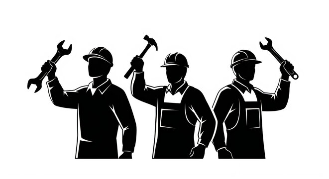 May day, 1 may Industrial workers, laborers, construction team, silhouette icons vector