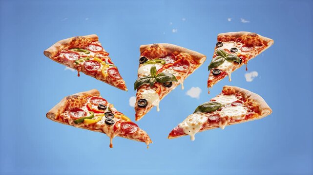 Appetizing slices of pizza with melted cheese and fresh herbs suspended in the air over a soft blue background. Ideal for bright, clean food advertisements, delivery service apps, and culinary content