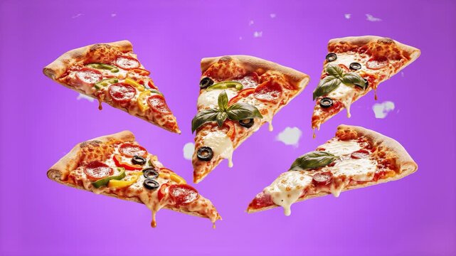 Slices of delicious pizza with stretching cheese and olives tumbling through the air against a vibrant purple backdrop. This stylish 3D animation is designed for modern food branding and social media 