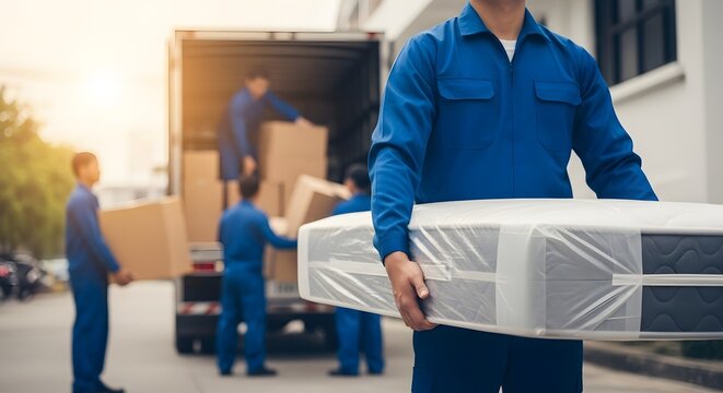 Professional movers carefully transporting appliances and boxes during a residential relocation service