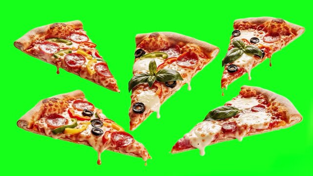 Realistic slices of fresh Italian pizza with melting cheese and toppings falling or floating on a solid green background. Perfect for food commercials and restaurant marketing where background replace
