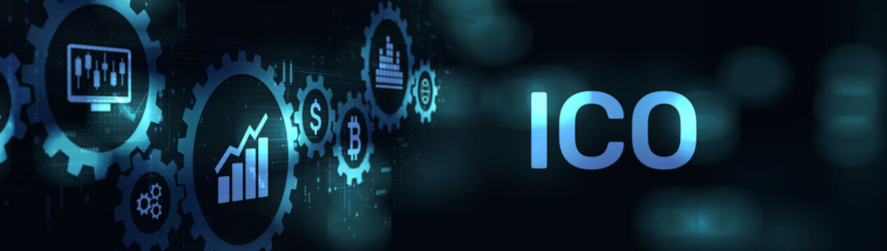 ICO Initial Coin Offering for Blockchain-Based Fundraising on a Wide Banner, Business and Technology Concept.