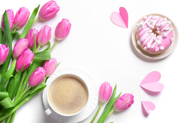Happy Mother's Day concept flat lay. Pink tulips, coffee, donut and gift box.