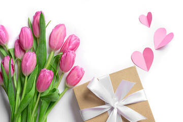 Pink tulips, hearts and gift box, Mother's Day concept