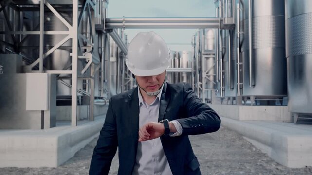Front View of Asian Businessman Walking, Checking Time in Watch at Industrial Chemical Plant with Row of Stainless Steel Storage Silos