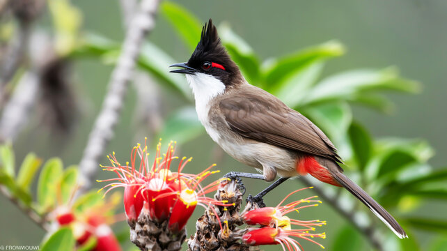 A close-up photograph of a red-whiskered bulbul perched on a blooming flower with red petals