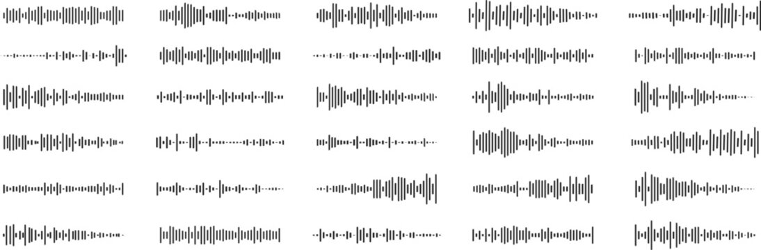 Black volume audio podcast sound waves. Audio sound wave. Waveforms frequency voice microphone signals. Music soundwaves tune equalizer vector set 