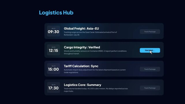 Global Logistics Tracking Dashboard Digital UI Interface Design for Supply Chain Management on Dark Background