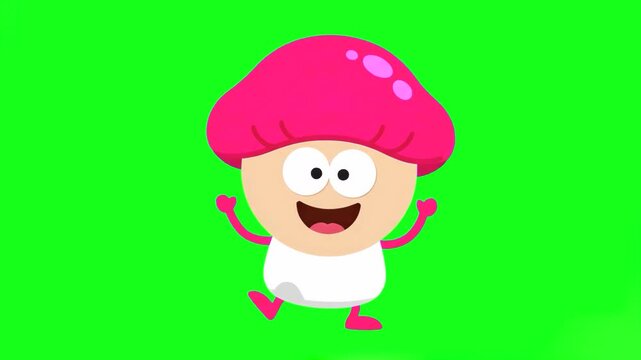 An energetic 2D animation of the smiling mushroom character with a pink cap, performing a cheerful dance routine on a solid green chroma key background.