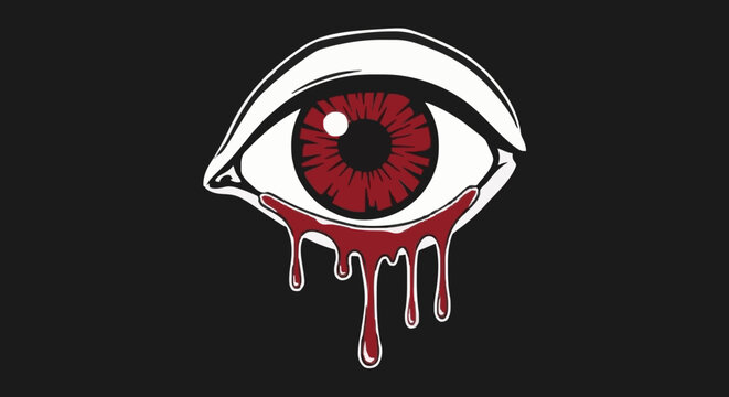 A stylized illustration of a human eye with a blood-red iris and pupil, with red liquid dripping from the lower eyelid onto a black background