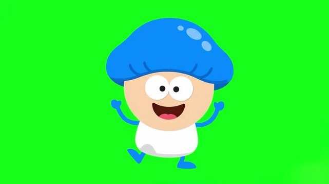 A cute and whimsical 2D cartoon mushroom character with a blue cap and cheerful face performs a happy dance, moving its small limbs with spirit against a chroma key green screen background. This magic