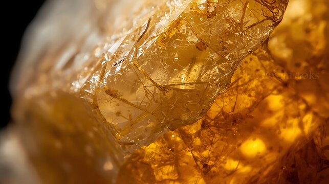 Macro shot of glowing golden amber-like resin or rutile quartz with intricate internal fractures and delicate thread-like inclusions, illuminated from behind. This abstract texture showcases a rich