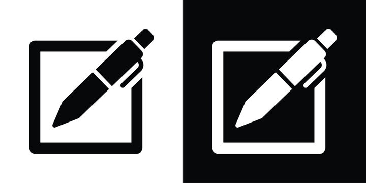 Vector illustration of a pencil inside a square frame. Symbolic of composing a message, filling out a form, or user registration. Perfect for contact pages and document editing apps.