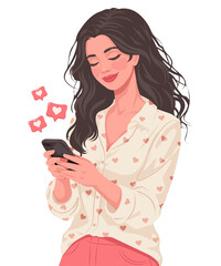 Naklejka premium Beautiful young woman holding smartphone with pink heart likes icons. Cute girl scrolling social media, dating app or chatting. Illustration for SMM, blog, love and digital communication.