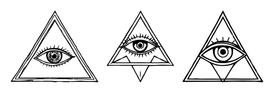 Mystic Eye set with triangle shape and black line art featuring occult, spiritual, esoteric with magic and sacred geometry