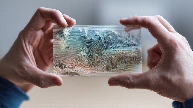 Hands holding transparent screen showing texture, material designer evaluating microlandscape sample through glass panel, fingers framing edges, studio lighting emphasizing surface detail, modern