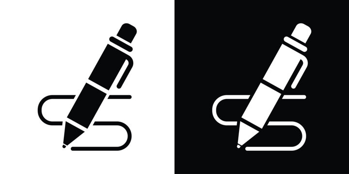 Vector icon of a pencil creating a signature stroke. Concept for digital signing, contract approval, and creative writing. Minimalist black and white design for web and app interfaces.
