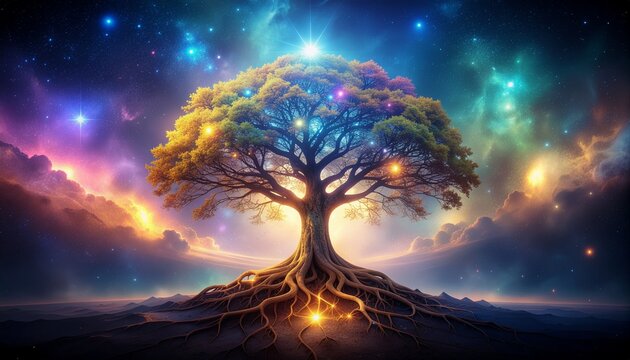 Abstract Cosmic Tree of Life in Glowing Nebula