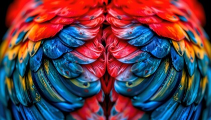 Obraz premium The image features an abstract, symmetrical close up of vibrant, colorful feathers arranged in a pattern that resembles wings or a bird's plumage