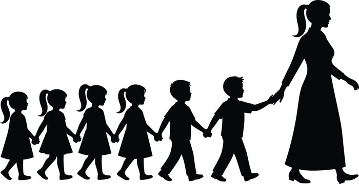 Black silhouette of a female teacher or mother leading a group of young children walking in a line holding hands on white background vector.