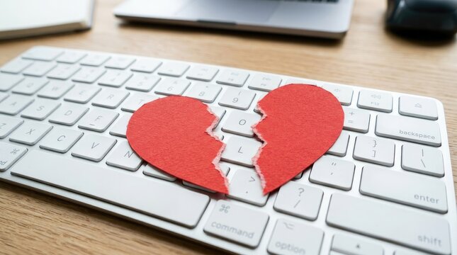 A red paper heart is broken and placed on a computer keyboard. The keyboard is on a wooden desk.