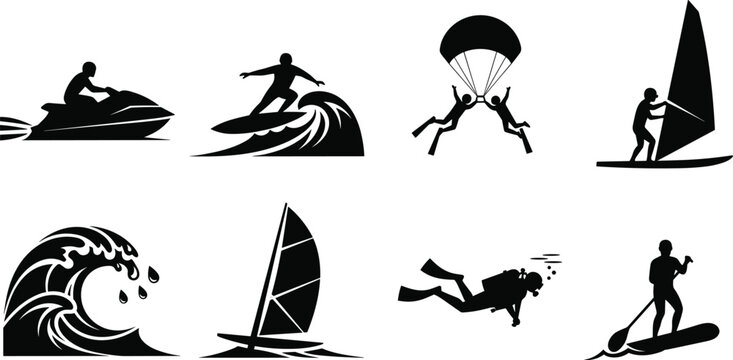 Comprehensive collection of black minimalist vector silhouettes featuring water sports activities like surfing windsurfing scuba diving jet skiing and parasailing on a white background.