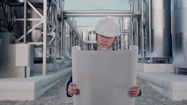 Front View of Asian Businessman Looking At Blueprint In His Hands While Walking at Industrial Chemical Plant with Row of Stainless Steel Storage Silos