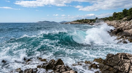 Fototapeta premium Waves crash powerfully against a rugged coastline. Turquoise water surges forward, creating a dramatic display of white foam and spray.