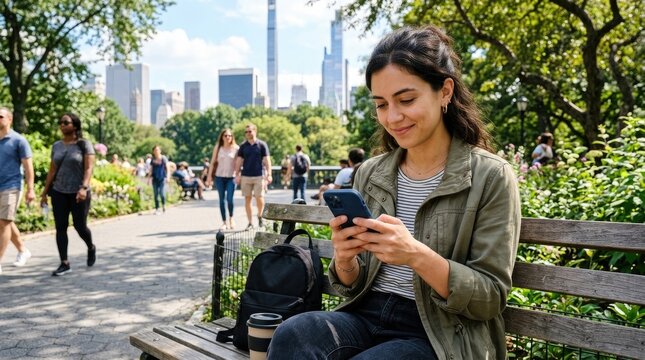 A young woman sits on a wooden bench in Central Park, New York City, engrossed in reading something on her smartphone. She is wearing a casual outfit and has a backpack at her side.