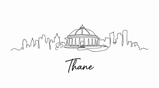 Minimalist Thane India city skyline continuous line art drawing isolated on white background