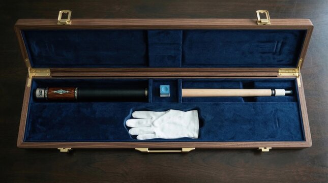 Elegant wooden case displaying professional two-piece pool cue, billiard chalk, white glove on dark table.